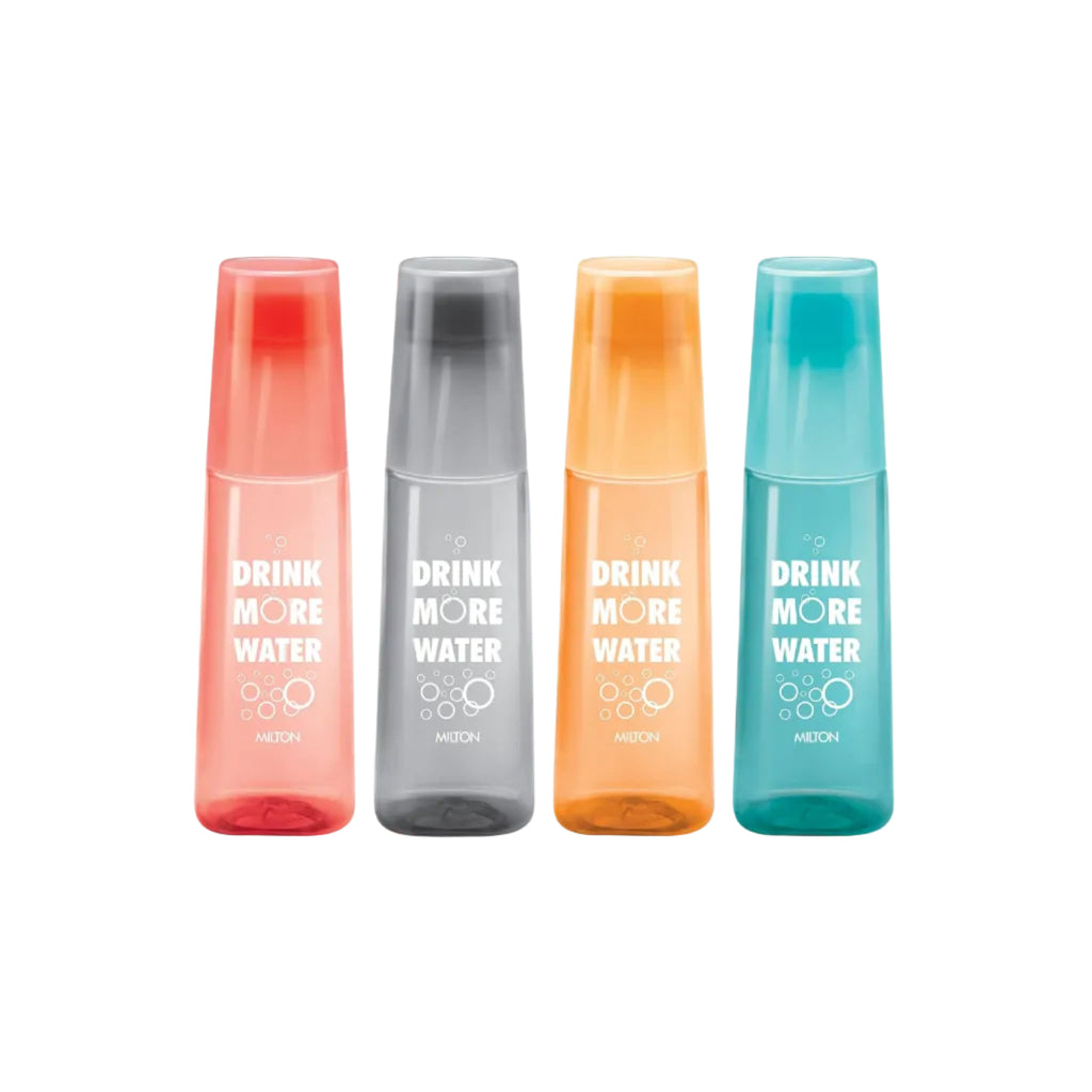 MILTON KIP SIP, Pack of 4 Water Bottles with Drinking Glass Lid, 1 Litre each, Reusable Plastic Fridge Bottle Set, BPA Free and Leak Proof Bottles for Travel, Work, Assorted