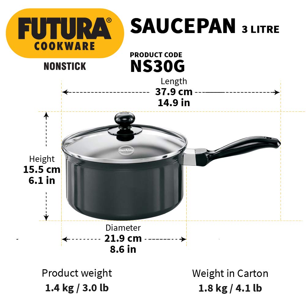 Hawkins Futura 3 Litre Saucepan, Non Stick Sauce Pan with Glass Lid, Small Sauce Pan, Black (NS30G)