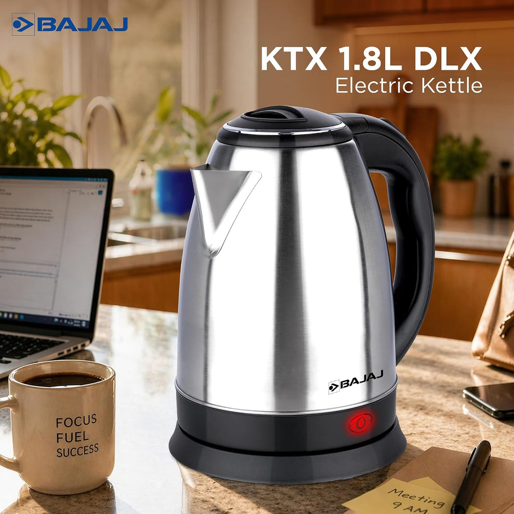 Bajaj KTX 1.8 Litre DLX Electric Kettle | 1350 Watts Kettle with Stainless Steel Body | Cordless Operation | Auto Shut-off Mechanism | 2-Yr Warranty 【Black】