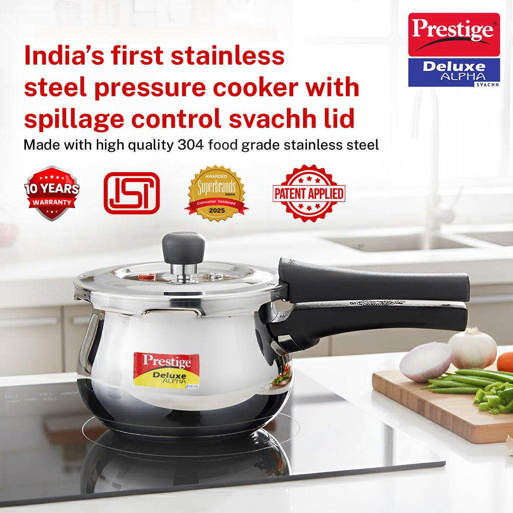 Prestige Deluxe Alpha Svachh Stainless Steel Pressure Cooker 1.5L With Glass Lid (With Deep Lid For Spillage Control )