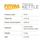 Hawkins Stainless Steel Futura 1.4 Litre Electronic Smart Kettle with Micro-Chip, Electric Hot Water Kettle for Tea, Coffee, Soup, Gargling, Black (FKTA1), 1200 Watts