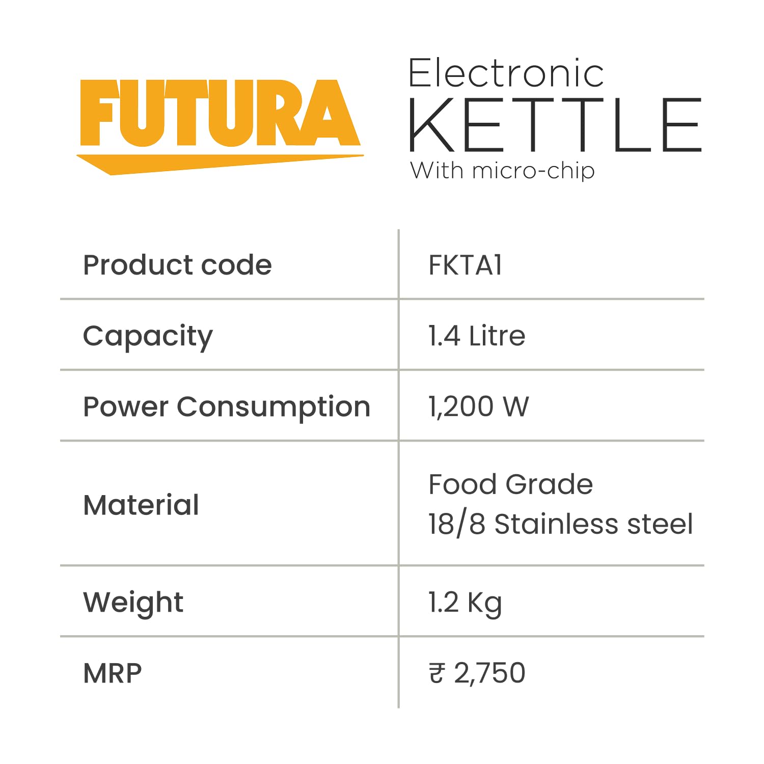 Hawkins Stainless Steel Futura 1.4 Litre Electronic Smart Kettle with Micro-Chip, Electric Hot Water Kettle for Tea, Coffee, Soup, Gargling, Black (FKTA1), 1200 Watts