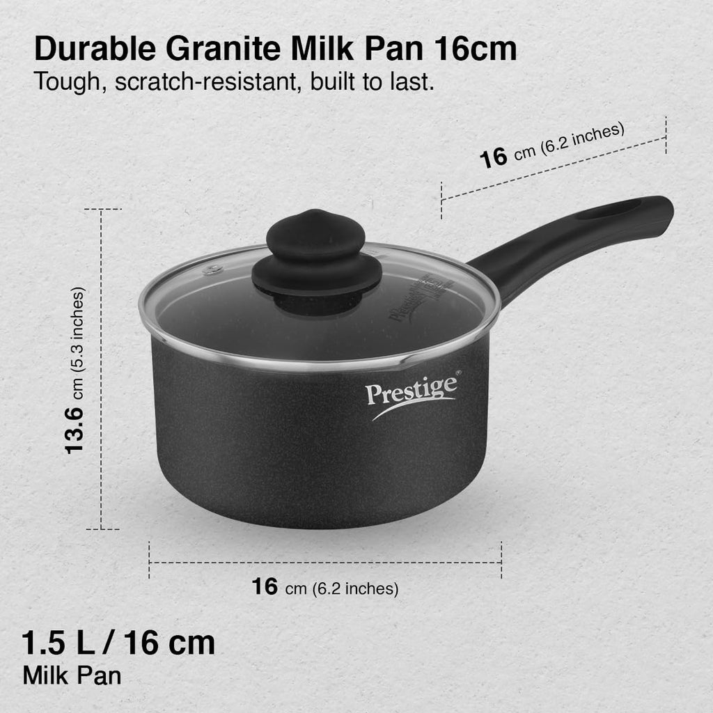 Prestige Omega Deluxe Granite Non Stick Milk Pan with Lid,16Cm Black,1.5 Liter