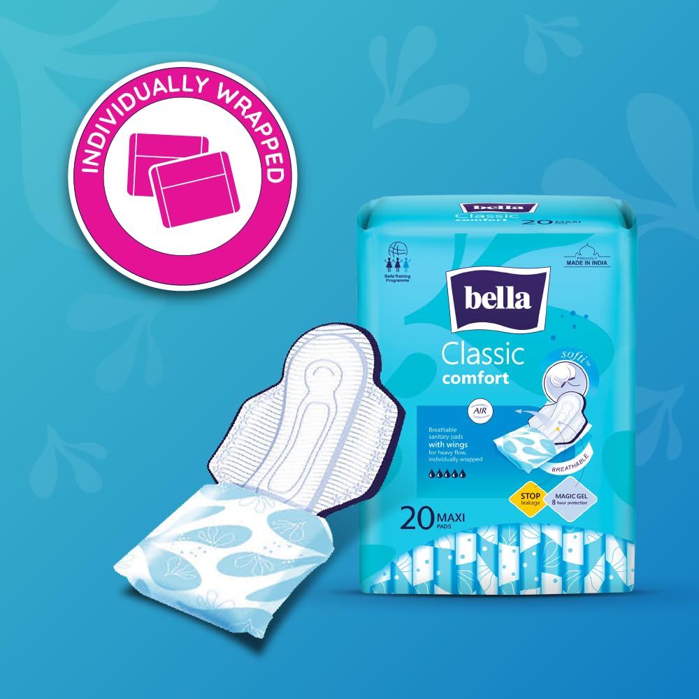 Bella Classic Comfort Maxi Softi Sanitary Pads XL - 20pcs | Maximum Dryness | 28 Cm Long With Wings | Rash Free Period | Suitable For Heavy Flow | Disposable Wrap | Lock Gel & Odor stop