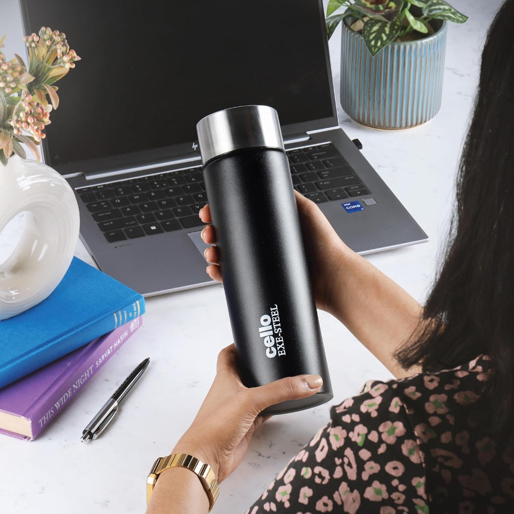 CELLO H2O Matt Stainless Steel Water Bottle For Office & Daily Use 1000 ml Black | Single Wall Freezer & Fridge Safe, Lightweight & Stylish Leakproof Rustproof Steel Water Bottle For School Gym Travel