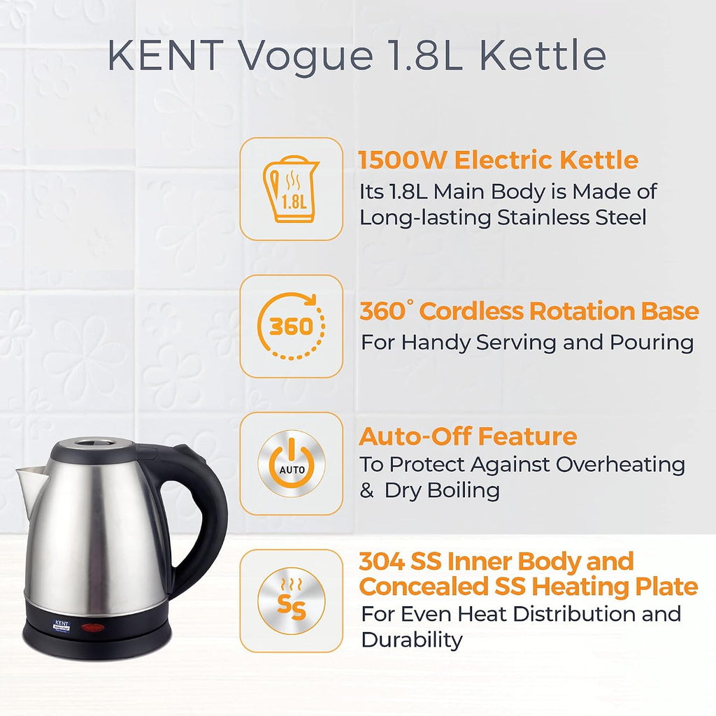 Kent Vogue 1.8Litre Electric Kettle(Stainless steel), Silver, MEDIUM (16088)