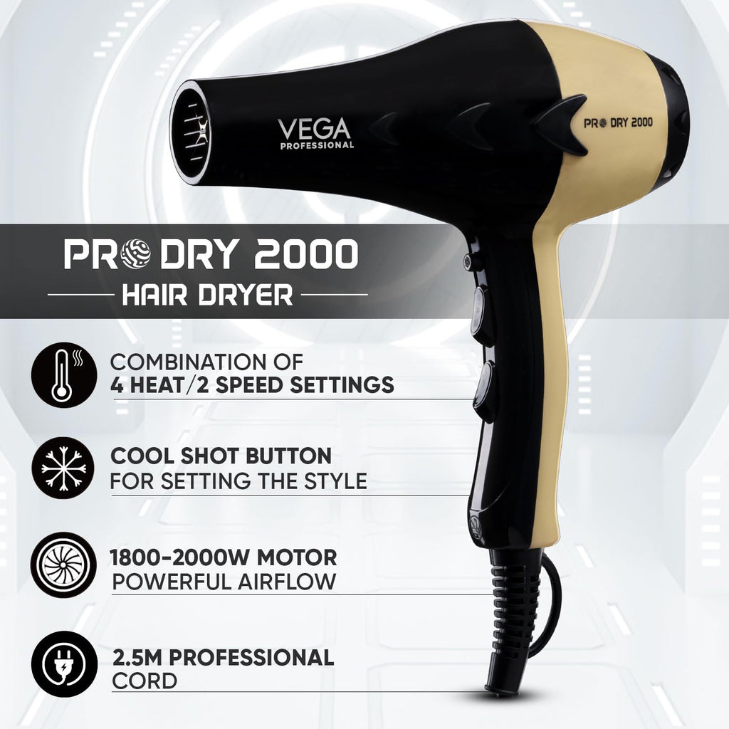 VEGA PROFESSIONAL Pro Dry 2000W Hair Dryer for Women & Men | Professional Blow Dryer with Cool Shot Button & Combination of 4 Heat & 2 Speed Settings, 16 Amp Plug | Salon Use & Home Use (VPVHD-04)