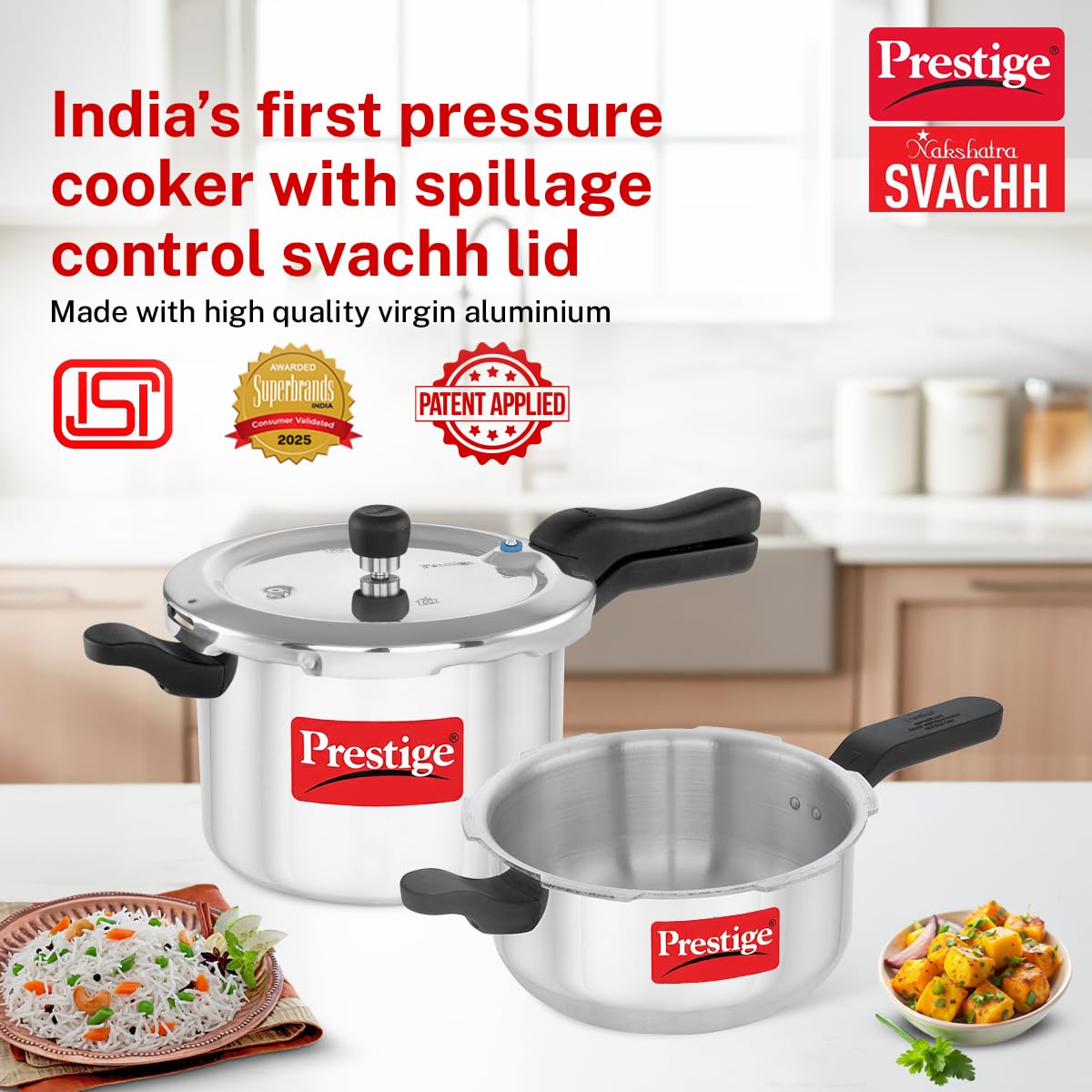 Prestige Svachh, 10783, 5 Ltr & 3 L, Aluminium Pressure Cooker Combo, With Deep Outer Lid For Spillage Control (Silver), 5 Liter