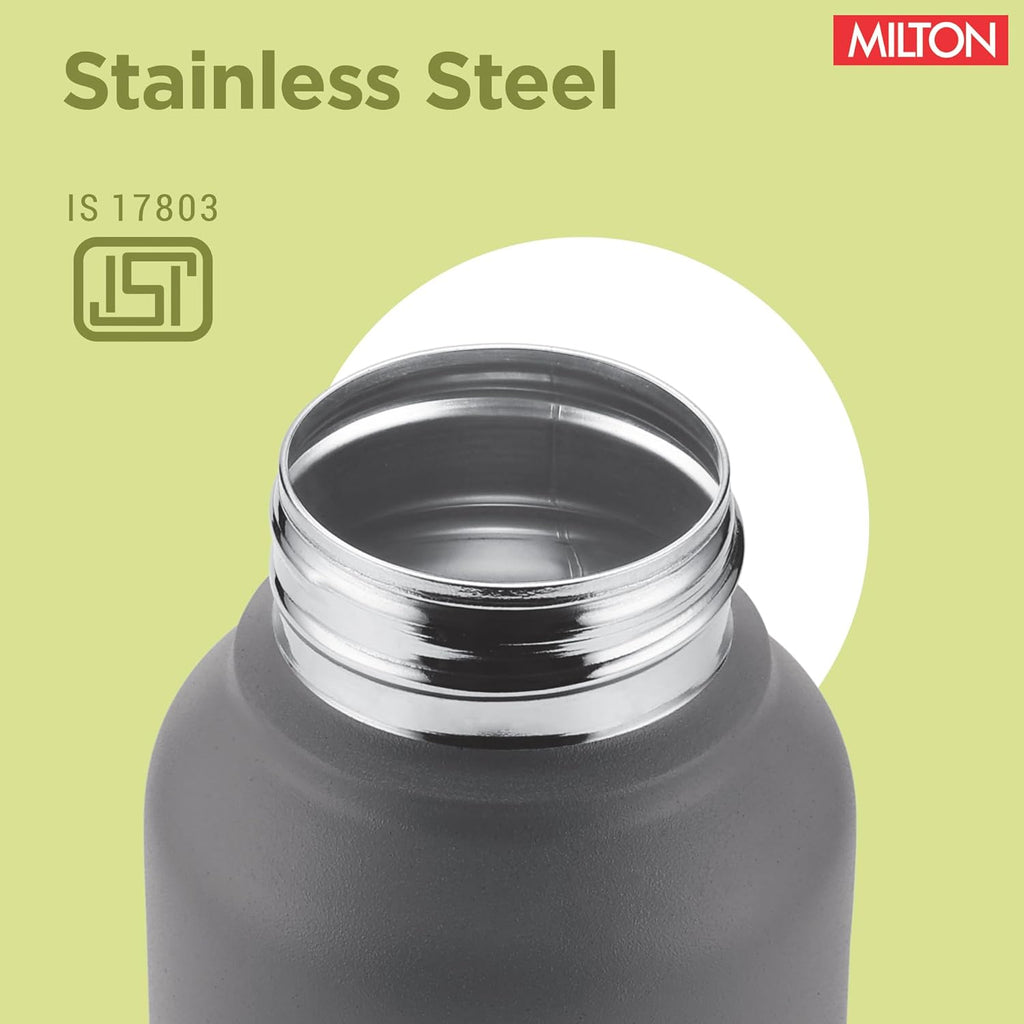 MILTON Torino 1000 Stainless Steel Water Bottle, Leakproof Lid, Single Walled, ISI Certified I For School, Office, Gym I 980 ml, Grey & Black