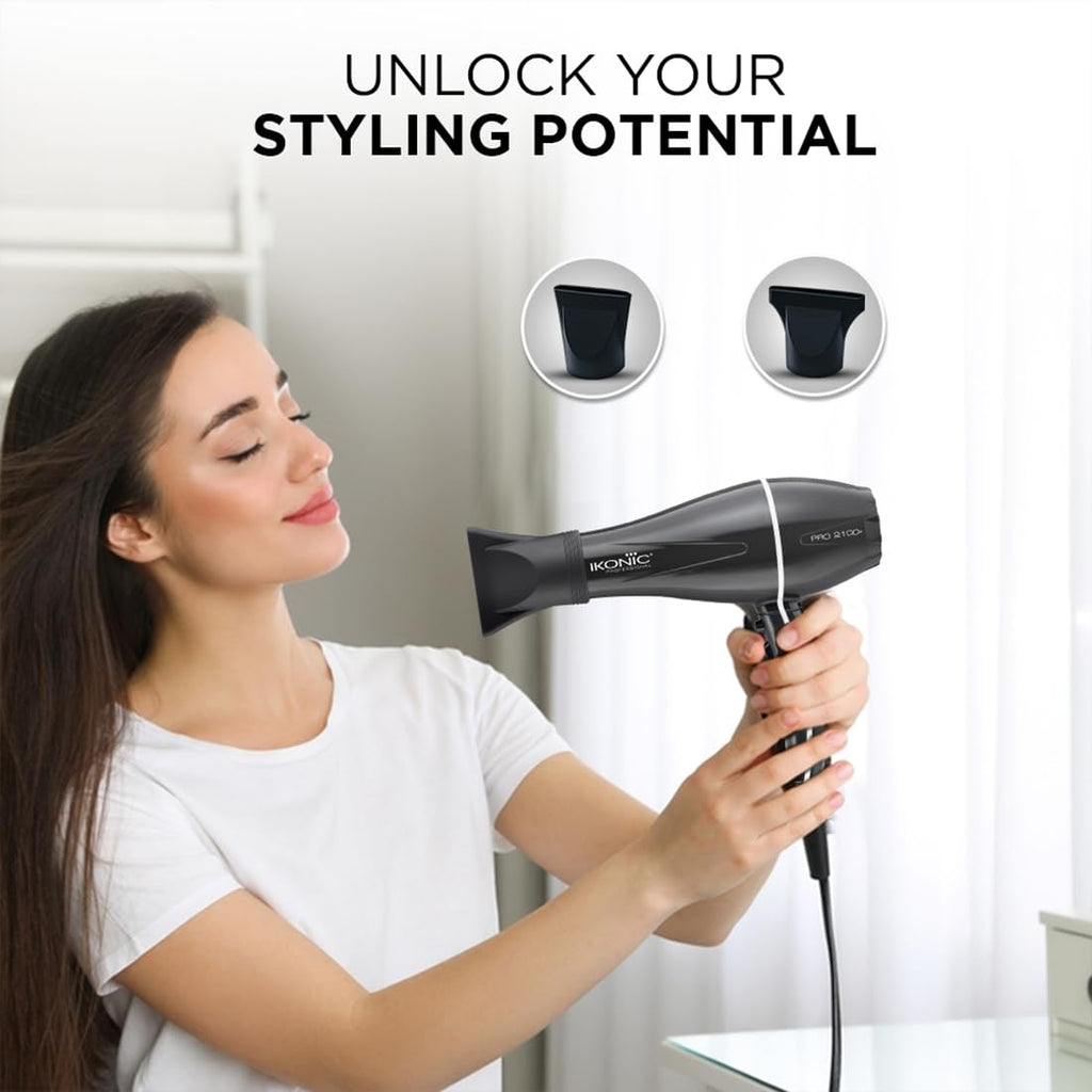 Ikonic Professional Pro 2100+ Hair Dryer 2000 Watts, Black, 3 Heat And 2 Speed Settings, Cool Shot, Low Noise Function Interchangeable Nozzles, Professional Styling, For Both Men And Women, Suitable For All Hair Types, 1 Yr Warranty Black