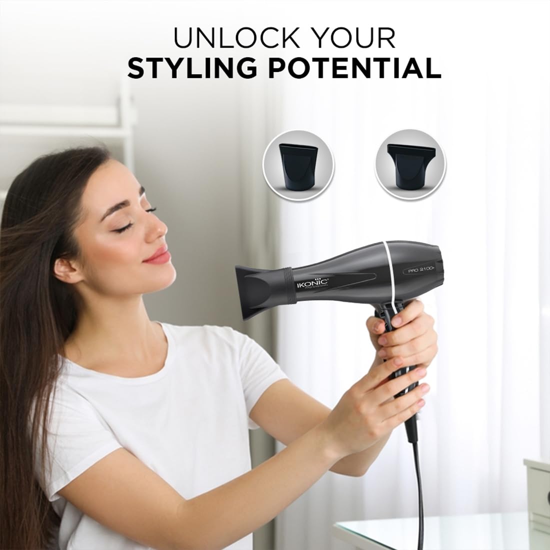 Ikonic Professional Pro 2100+ Hair Dryer 2000 Watts, Black, 3 Heat And 2 Speed Settings, Cool Shot, Low Noise Function Interchangeable Nozzles, Professional Styling, For Both Men And Women, Suitable For All Hair Types, 1 Yr Warranty Black
