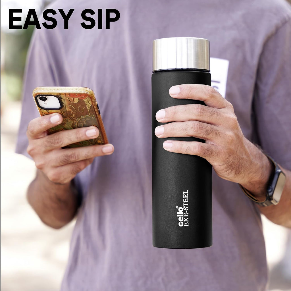 CELLO H2O Matt Stainless Steel Water Bottle For Office & Daily Use 1000 ml Black | Single Wall Freezer & Fridge Safe, Lightweight & Stylish Leakproof Rustproof Steel Water Bottle For School Gym Travel