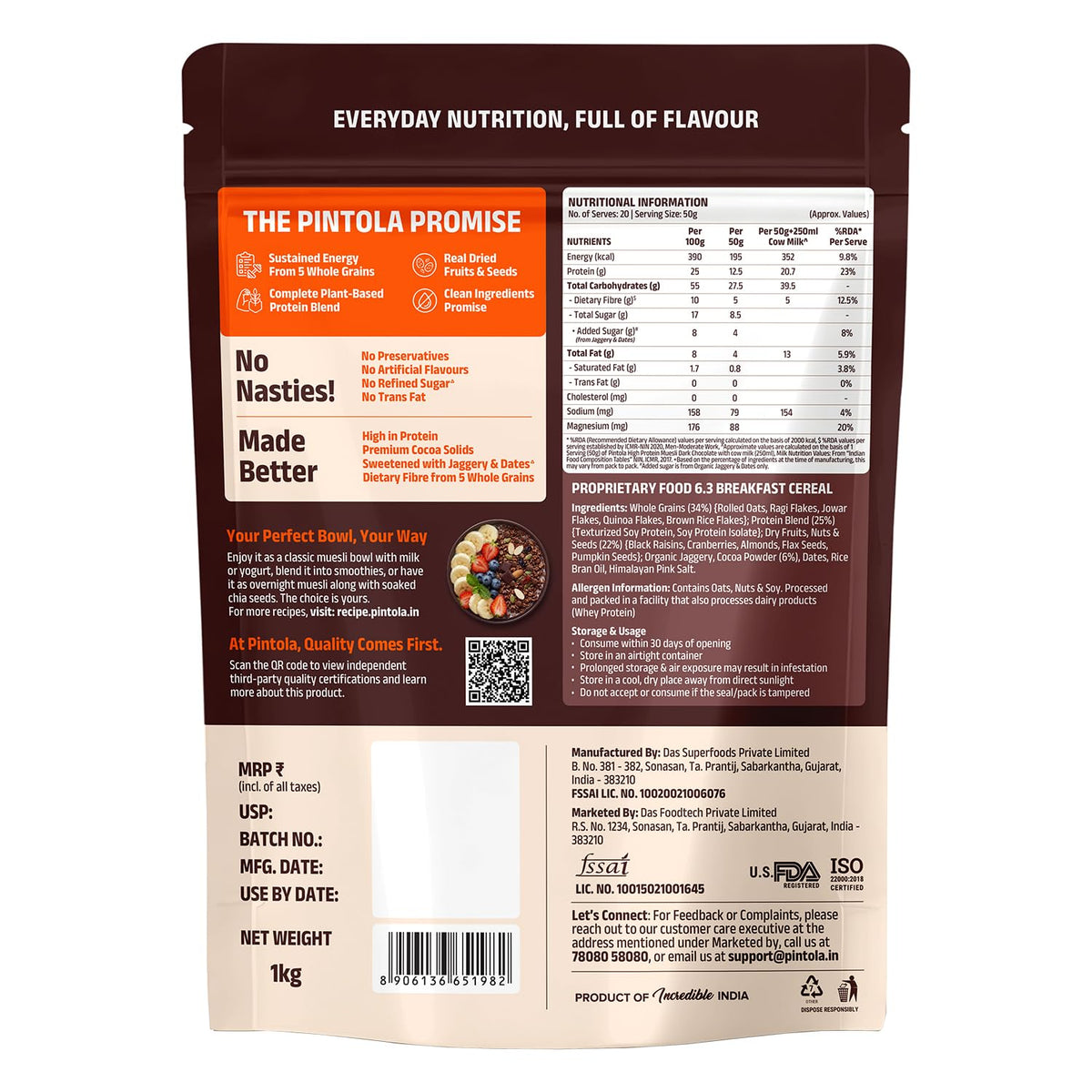 Pintola 25g High Protein Dark Chocolate & Cranberry Muesli 1kg, No Refined Sugar, High Fibre, Breakfast Cereal