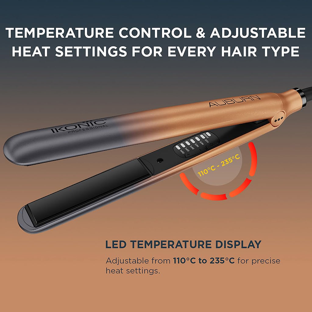 IKONIC Professional S3+ (Auburn) Hair Straightener with ION Technology to Reduce Frizz, 1" Ceramic Floating Plate, LED Display, 360° Swivel Cord for Women
