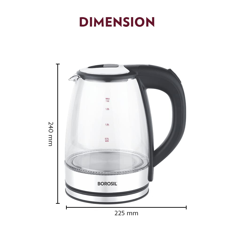 Borosil Electric Glass Kettle, Borosilicate Glass, Extra Long Cord, Dry-Boil Protection, 360° Rotating Base, 1.8 L, Transparent, 1500 Watts