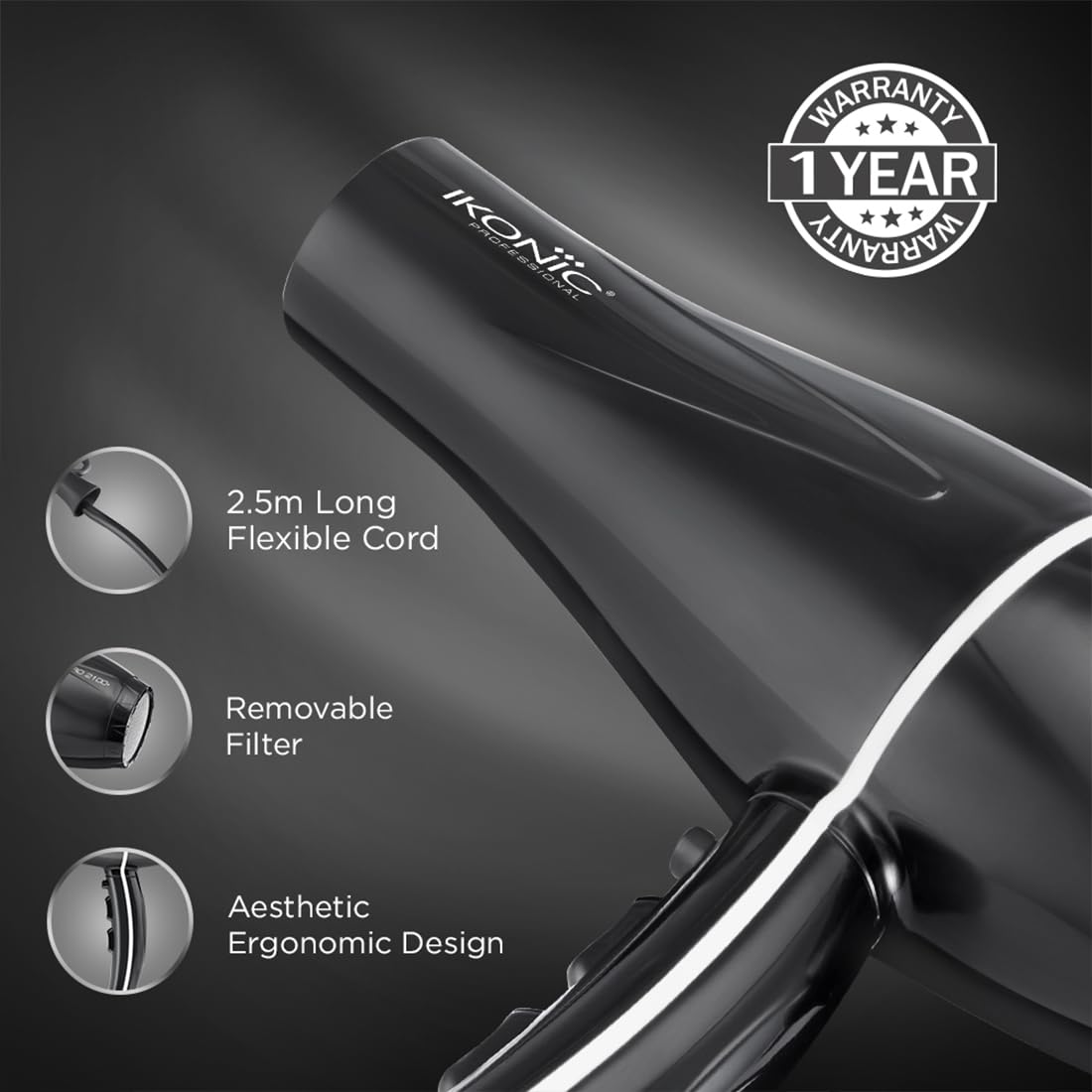 Ikonic Professional Pro 2100+ Hair Dryer 2000 Watts, Black, 3 Heat And 2 Speed Settings, Cool Shot, Low Noise Function Interchangeable Nozzles, Professional Styling, For Both Men And Women, Suitable For All Hair Types, 1 Yr Warranty Black