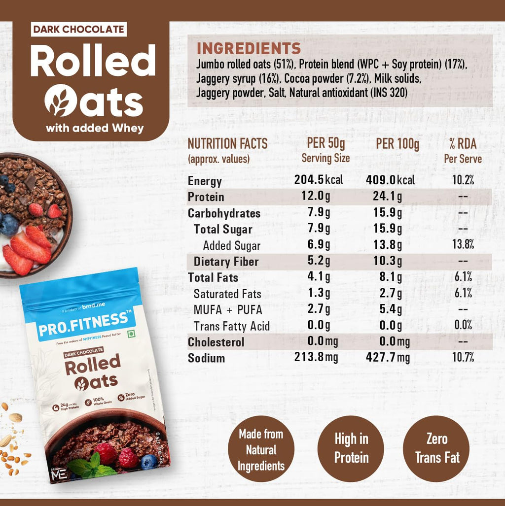 Pro.Fitness 27g High Protein Oats (By MyFitness) | Dark Chocolate Oats with Almonds, Pumpkin Seeds and Raisin | Chocolate Rolled Oats with Jaggery - No Refined Sugar | Breakfast Cereals (Pack of 2)