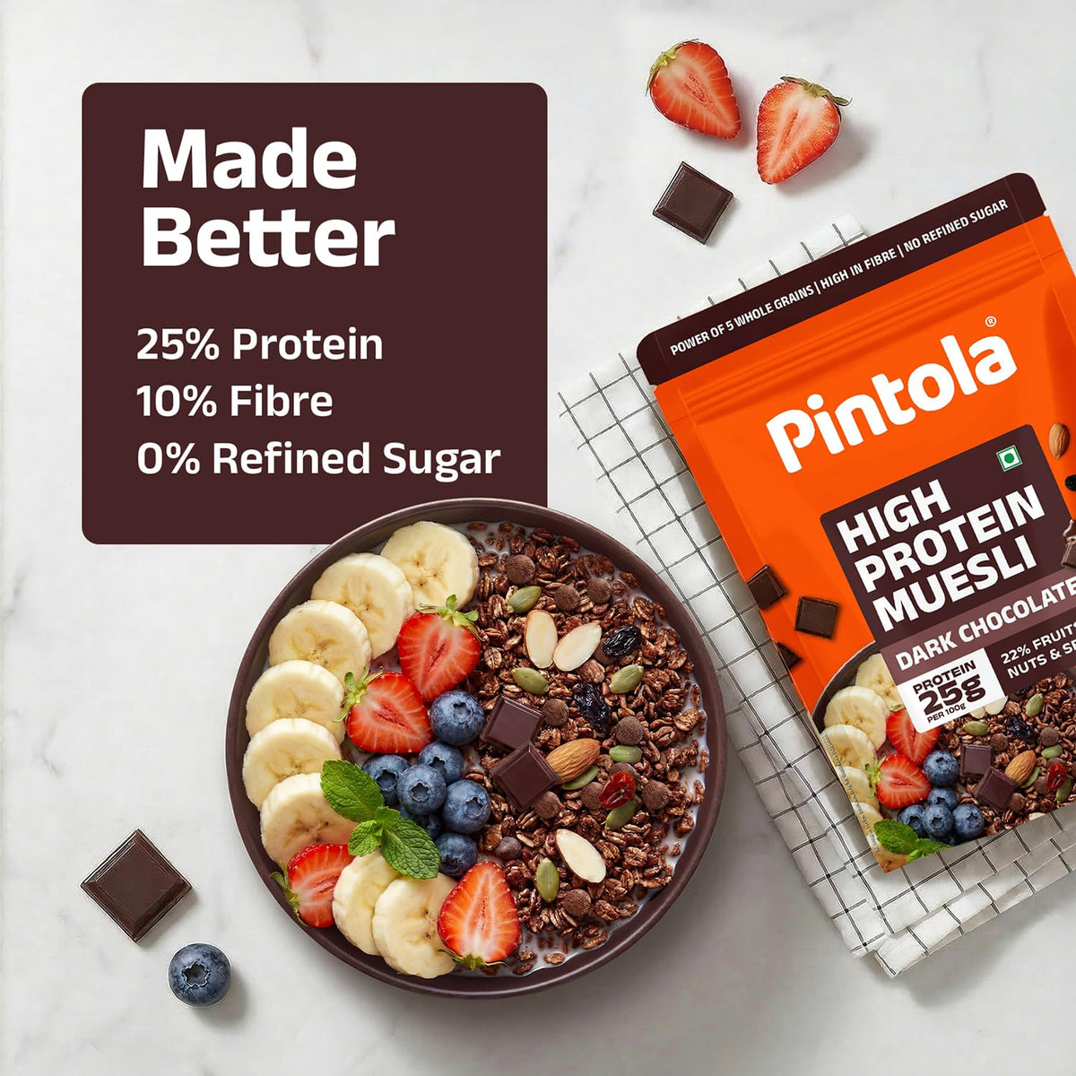 Pintola 25g High Protein Dark Chocolate & Cranberry Muesli 1kg, No Refined Sugar, High Fibre, Breakfast Cereal