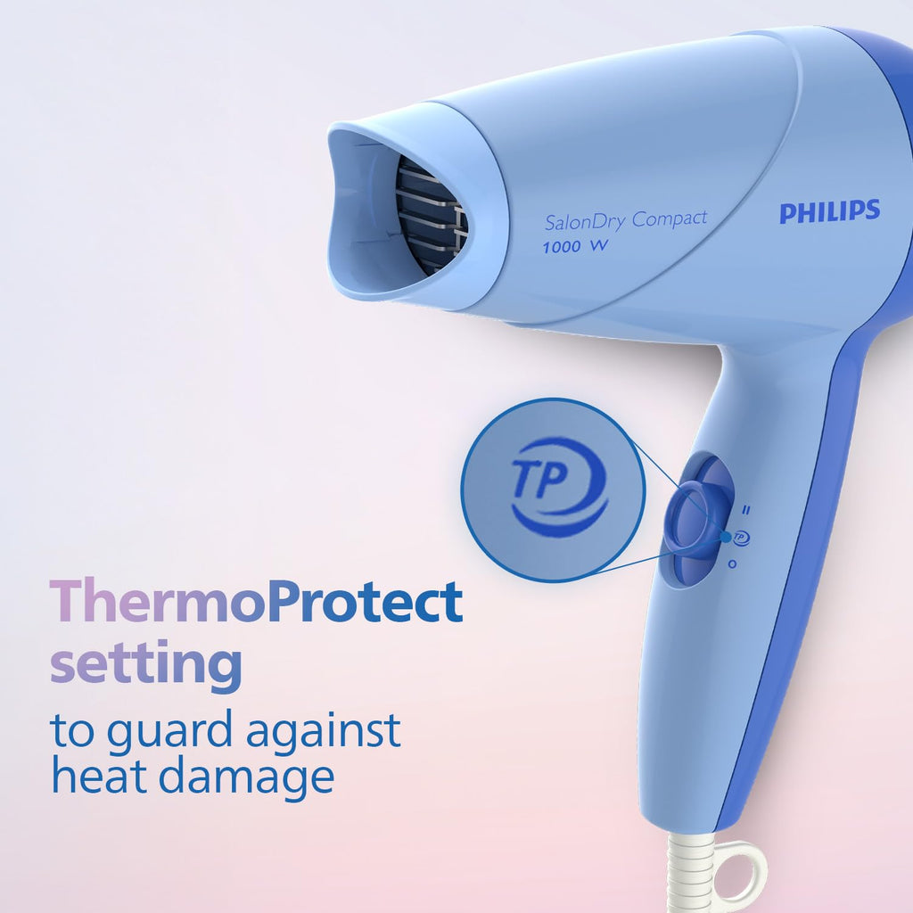 Philips India's No.1 Hair Styling Brand -Hair Dryer 1000W |Blow Dry for Men & Women | 2 Heat Settings| ThermoProtect tech |Travel-Friendly, Quick Dry, Frizz Control | For Indian Hair | HP8100/60 Blue