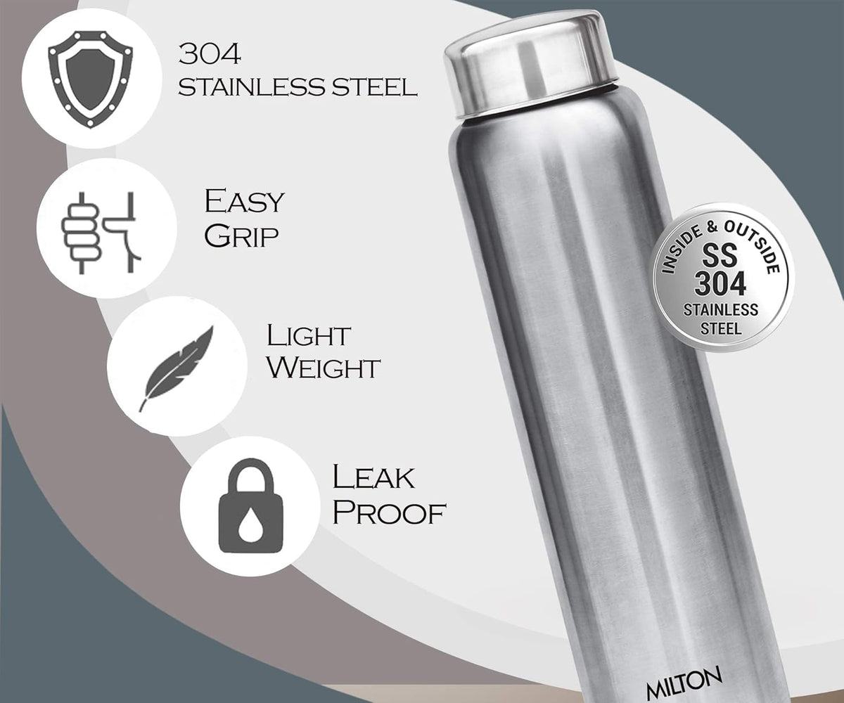 MILTON Aqua 1000 Stainless Steel Water Bottle, 1 pc, 950 ml, Silver (Pack of 2)