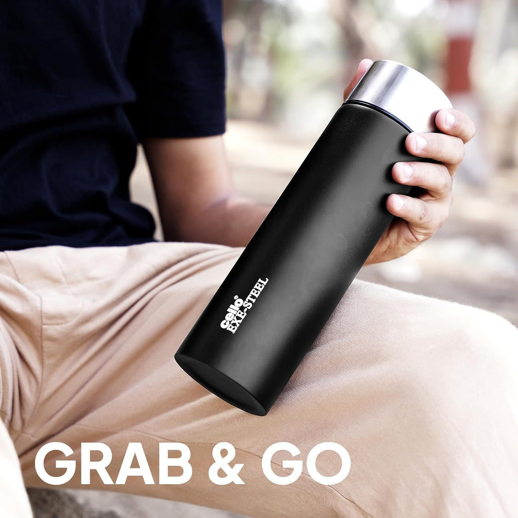 CELLO H2O Matt Stainless Steel Water Bottle For Office & Daily Use 1000 ml Black | Single Wall Freezer & Fridge Safe, Lightweight & Stylish Leakproof Rustproof Steel Water Bottle For School Gym Travel