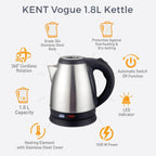 Kent Vogue 1.8Litre Electric Kettle(Stainless steel), Silver, MEDIUM (16088)