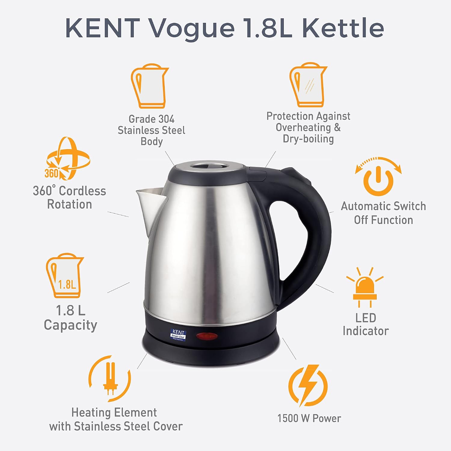 Kent Vogue 1.8Litre Electric Kettle(Stainless steel), Silver, MEDIUM (16088)