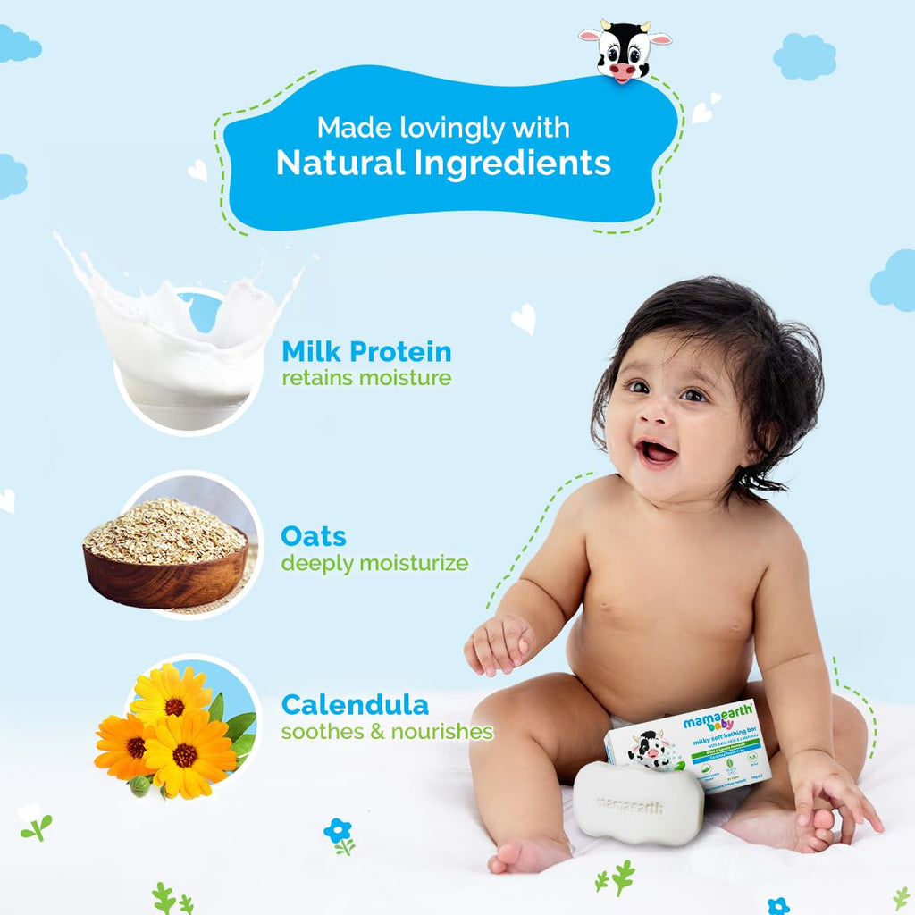 Mamaearth Milky Soft Bathing Bar For Babies - 75 g x 2 | Infused with Oats, Milk and Calendula | Gently Cleanses Skin, Keeps Skin Soft & Smooth, Mild & Gentle Formula, Dermatologically Tested