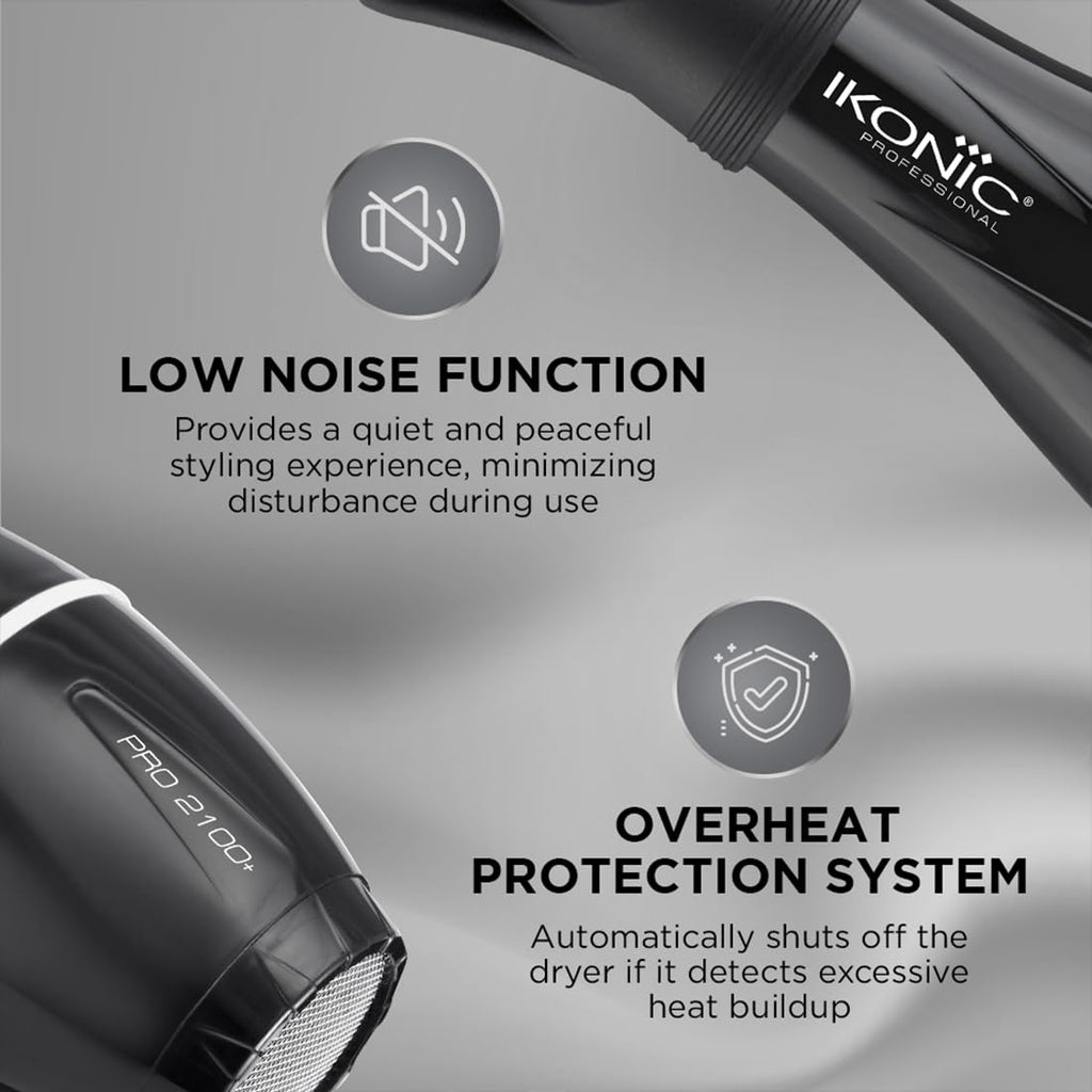 Ikonic Professional Pro 2100+ Hair Dryer 2000 Watts, Black, 3 Heat And 2 Speed Settings, Cool Shot, Low Noise Function Interchangeable Nozzles, Professional Styling, For Both Men And Women, Suitable For All Hair Types, 1 Yr Warranty Black