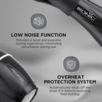Ikonic Professional Pro 2100+ Hair Dryer 2000 Watts, Black, 3 Heat And 2 Speed Settings, Cool Shot, Low Noise Function Interchangeable Nozzles, Professional Styling, For Both Men And Women, Suitable For All Hair Types, 1 Yr Warranty Black