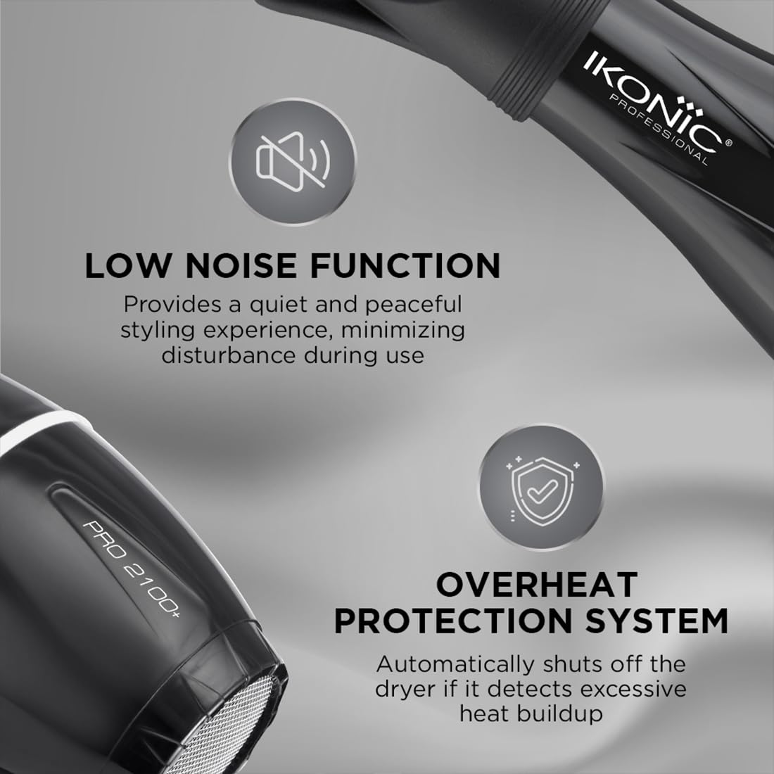 Ikonic Professional Pro 2100+ Hair Dryer 2000 Watts, Black, 3 Heat And 2 Speed Settings, Cool Shot, Low Noise Function Interchangeable Nozzles, Professional Styling, For Both Men And Women, Suitable For All Hair Types, 1 Yr Warranty Black