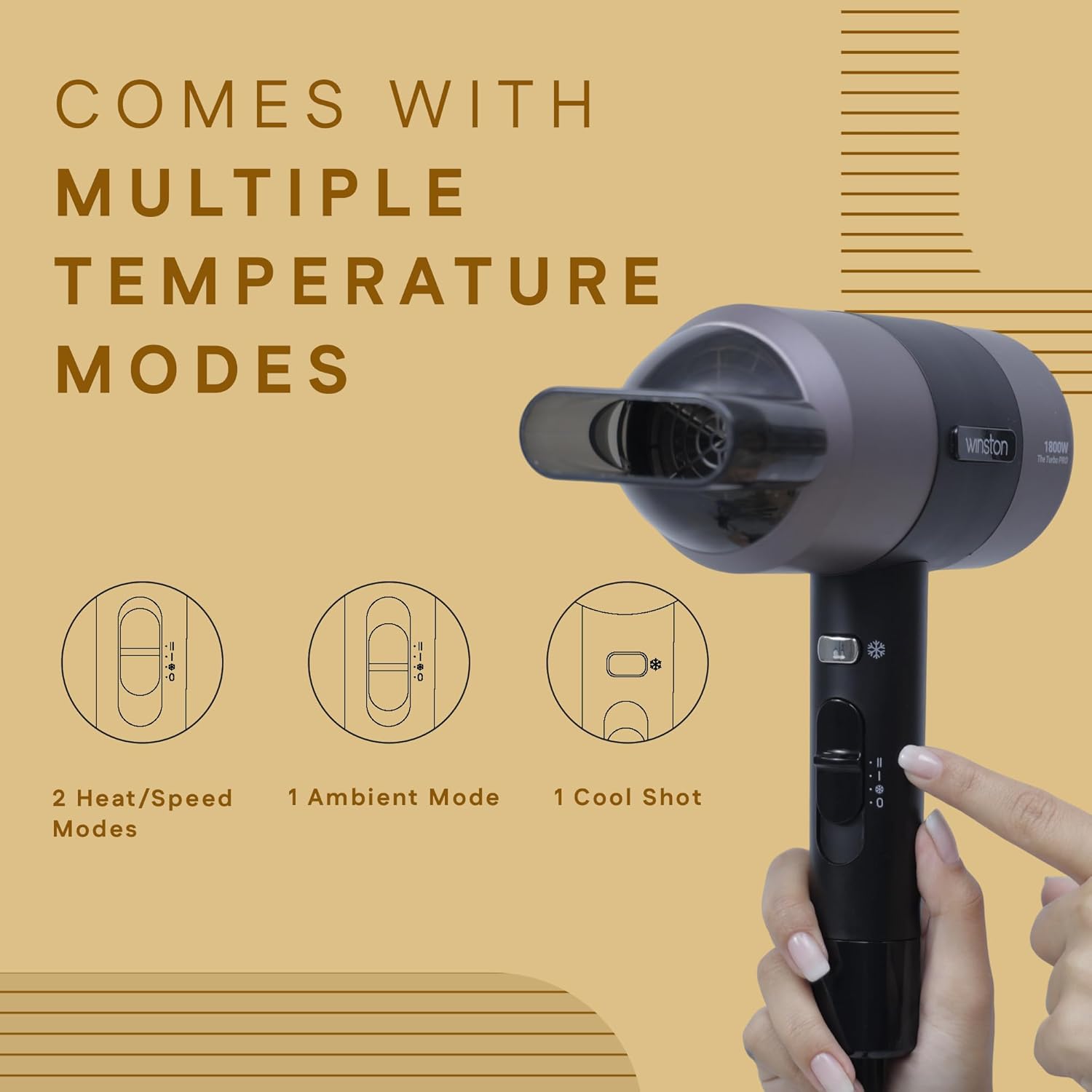 WINSTON Turbo Pro Hair Dryer - 1800W | Quick Drying Blow Dryer with Low Noise, Cool Shot & Overheat Protection - 1 Year Warranty (Black)