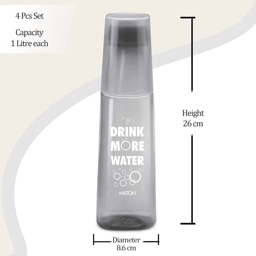 MILTON KIP SIP, Pack of 4 Water Bottles with Drinking Glass Lid, 1 Litre each, Reusable Plastic Fridge Bottle Set, BPA Free and Leak Proof Bottles for Travel, Work, Assorted