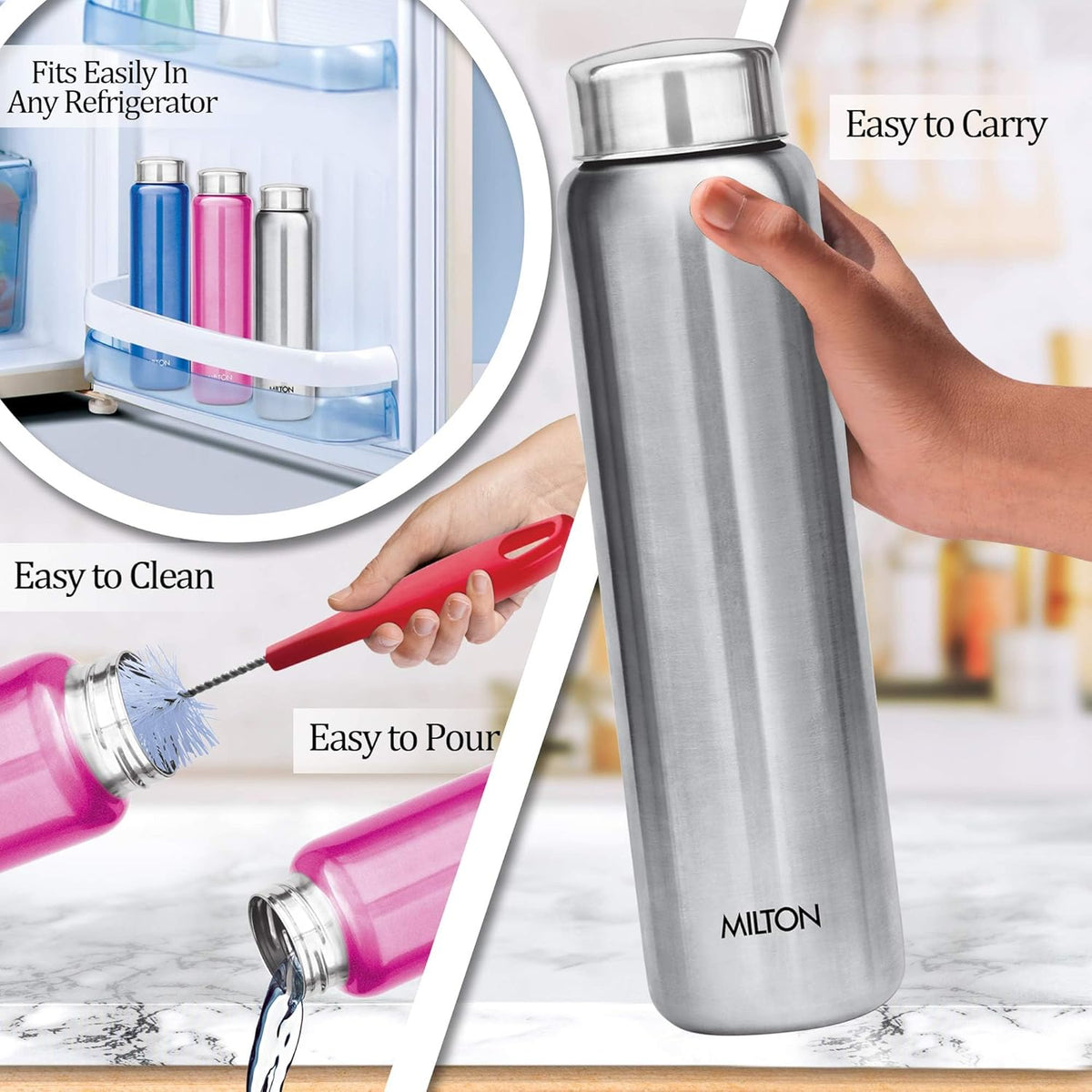MILTON Aqua 1000 Stainless Steel Water Bottle, 1 pc, 950 ml, Silver (Pack of 2)