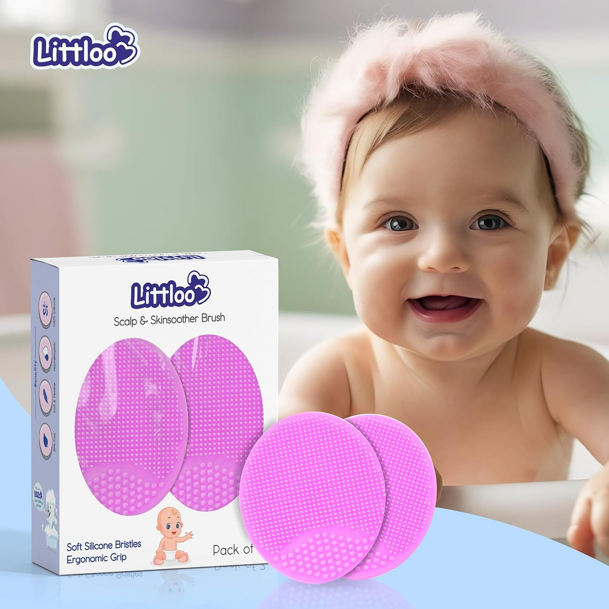 Littloo Baby Cradle Cap Brush & Scalp Massager Pink (Pack of 2) | Ultra-Soft Silicone Bristles | Safe from Birth | Gentle Scalp Care for Newborns & Toddlers | Easy to Clean
