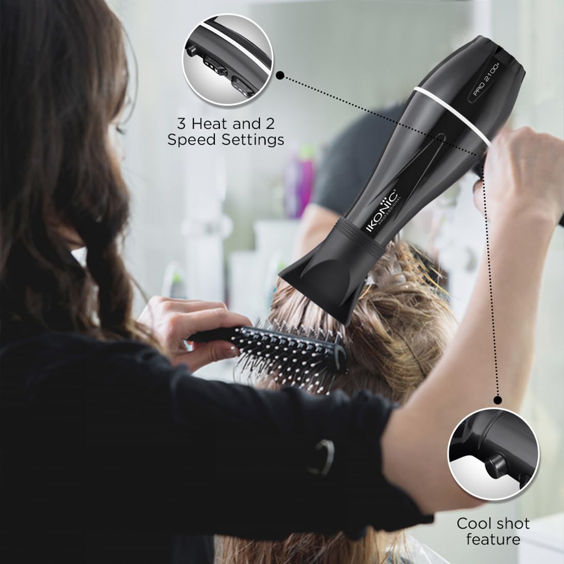 Ikonic Professional Pro 2100+ Hair Dryer 2000 Watts, Black, 3 Heat And 2 Speed Settings, Cool Shot, Low Noise Function Interchangeable Nozzles, Professional Styling, For Both Men And Women, Suitable For All Hair Types, 1 Yr Warranty Black