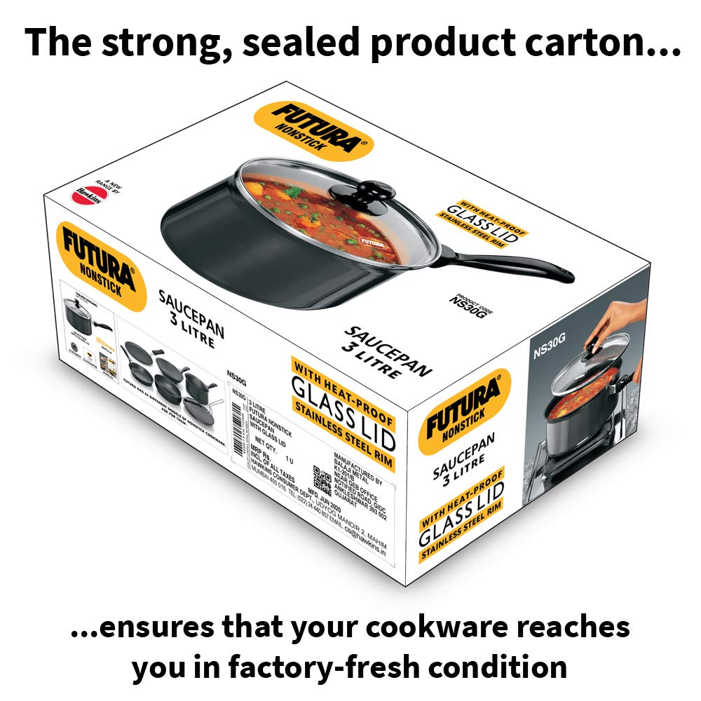 Hawkins Futura 3 Litre Saucepan, Non Stick Sauce Pan with Glass Lid, Small Sauce Pan, Black (NS30G)