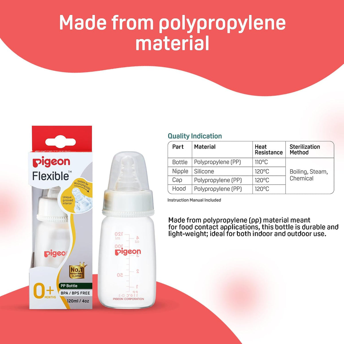 Pigeon Peristaltic Baby Nursing/Feeding Bottle RPP Nipple S,for 0+ Month Babies,BPA Free,BPS Free,White,120 ml (Pack of 2)