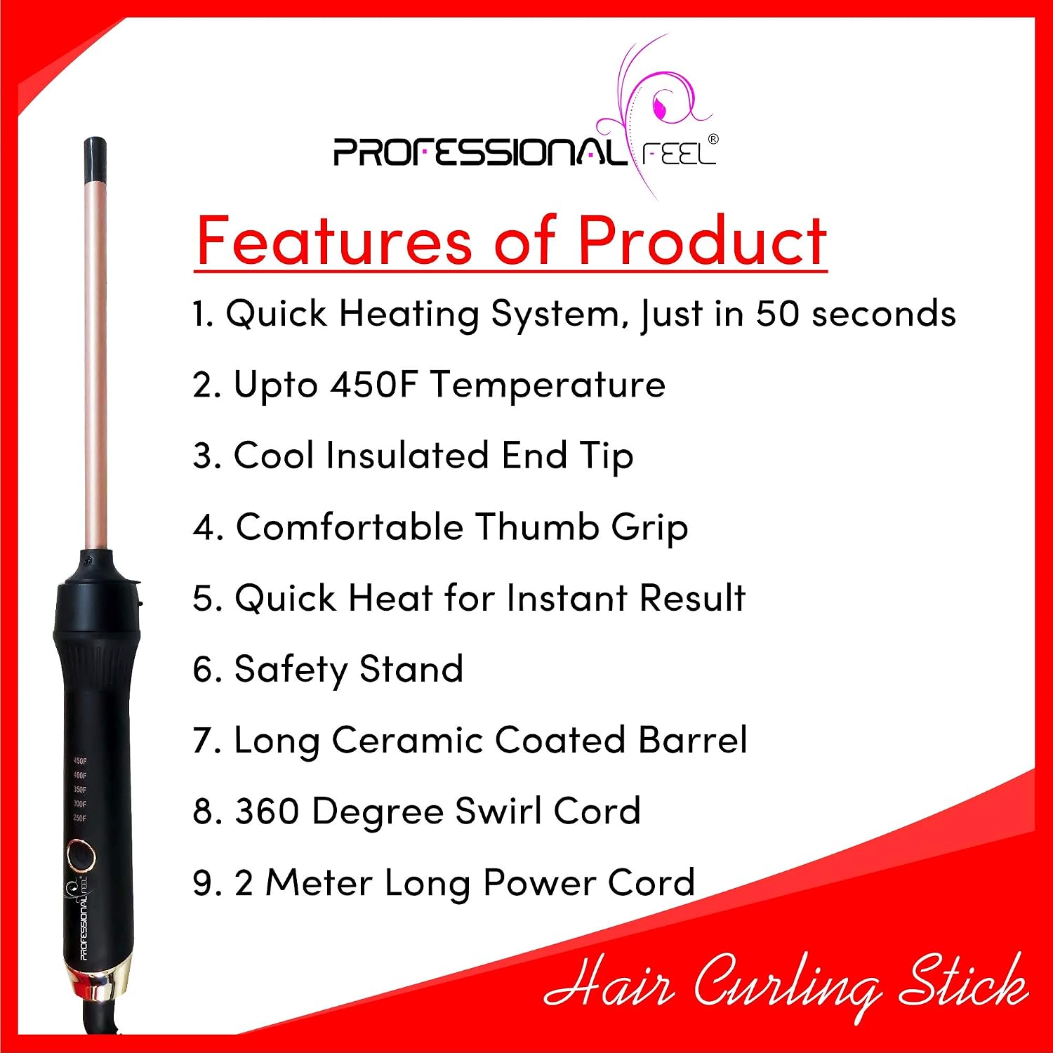 Professional Feel Hair Curler For Women- Electric Curling Wand [Curling The Hair Without Damage ] Electric Hair Curler (Barrel Diameter: 9 mm)