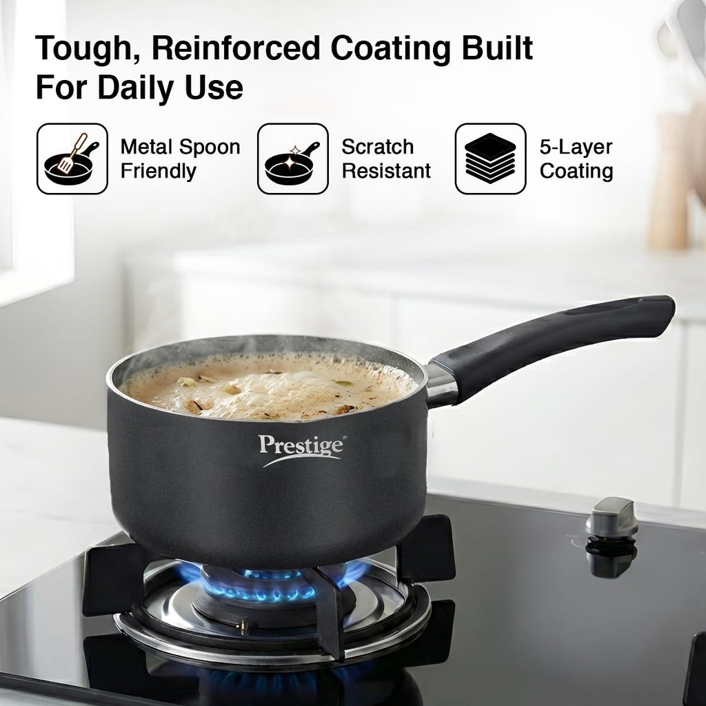 Prestige Omega Deluxe Granite Non Stick Milk Pan with Lid,16Cm Black,1.5 Liter