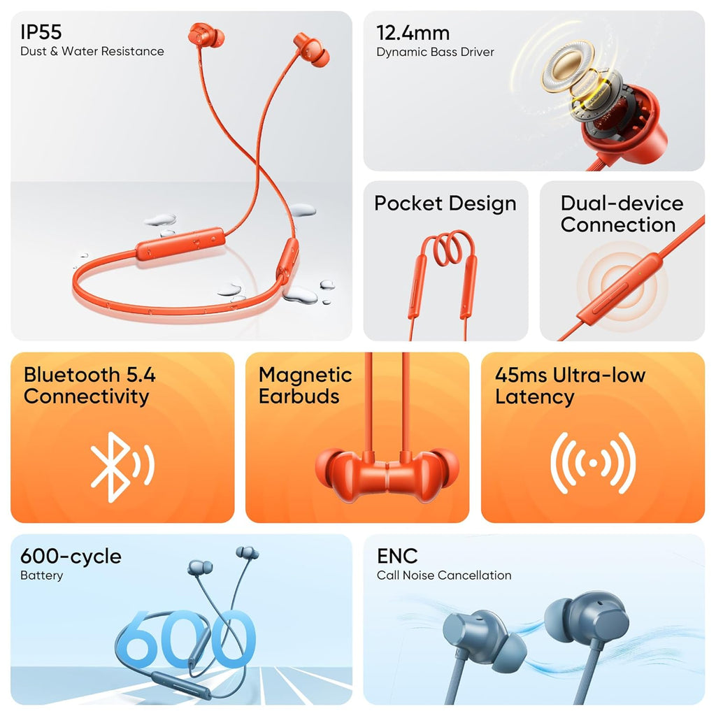 realme Buds Wireless 5 Lite in Ear Bluetooth Neckband with 12.4 mm Dynamic Bass Boost Driver,Upto 35 Hours Playback,45ms Low Latency,IP55 Dust & Water Resistant, Bluetooth V5.4 (Cyber Orange)