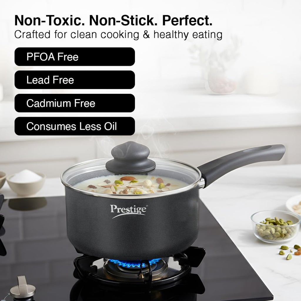Prestige Omega Deluxe Granite Non Stick Milk Pan with Lid,16Cm Black,1.5 Liter