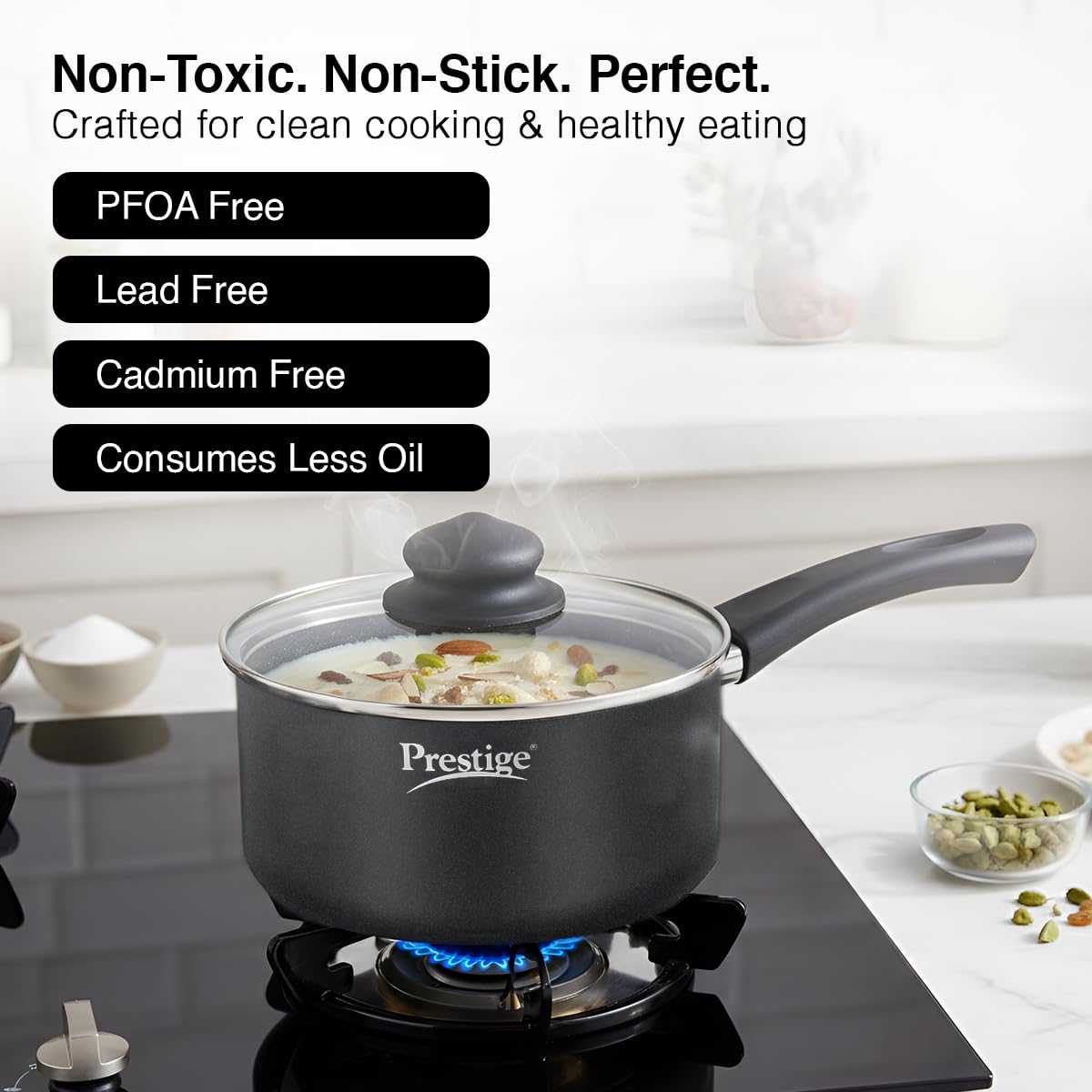 Prestige Omega Deluxe Granite Non Stick Milk Pan with Lid,16Cm Black,1.5 Liter