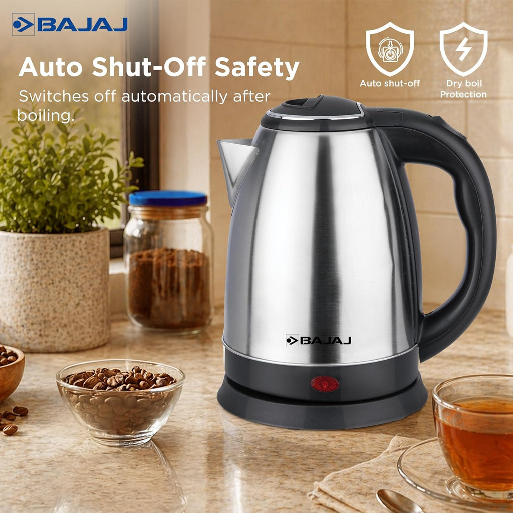 Bajaj KTX 1.8 Litre DLX Electric Kettle | 1350 Watts Kettle with Stainless Steel Body | Cordless Operation | Auto Shut-off Mechanism | 2-Yr Warranty 【Black】