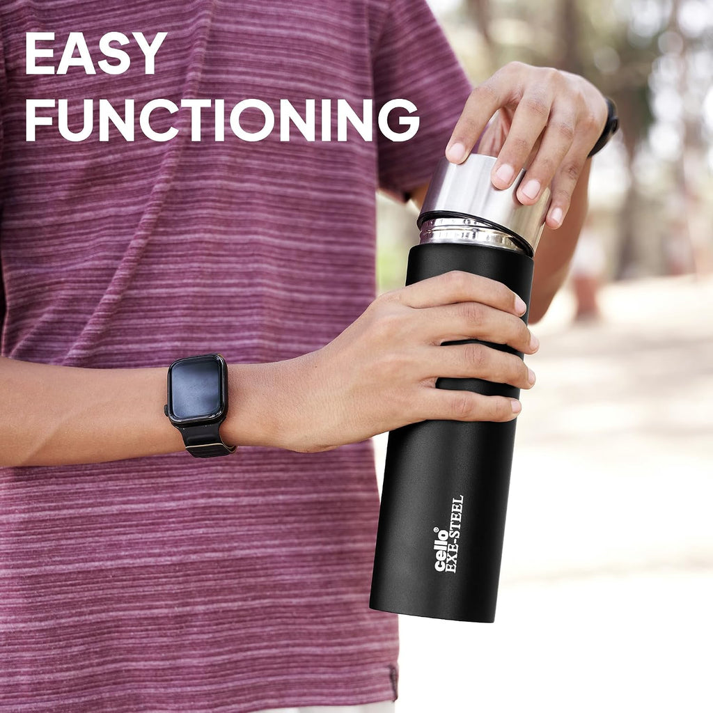 CELLO H2O Matt Stainless Steel Water Bottle For Office & Daily Use 1000 ml Black | Single Wall Freezer & Fridge Safe, Lightweight & Stylish Leakproof Rustproof Steel Water Bottle For School Gym Travel