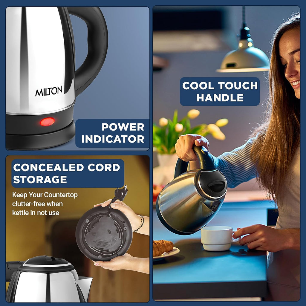 Milton Euroline Go Electro 1.5 Stainless Steel Electric Kettle, 1.5 Litres, Silver, Power Indicator, 1350 Watts, Auto Cut-off, Detachable 360 Degree Connector, Boiler for Water, Instant noodles