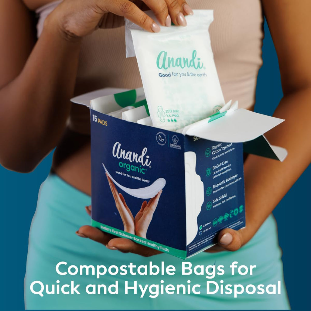 Anandi sanitary pads for women 15 XXL Pads | Biodegradable Organic pads with Disposal pouch | Certified ~100% Compostable