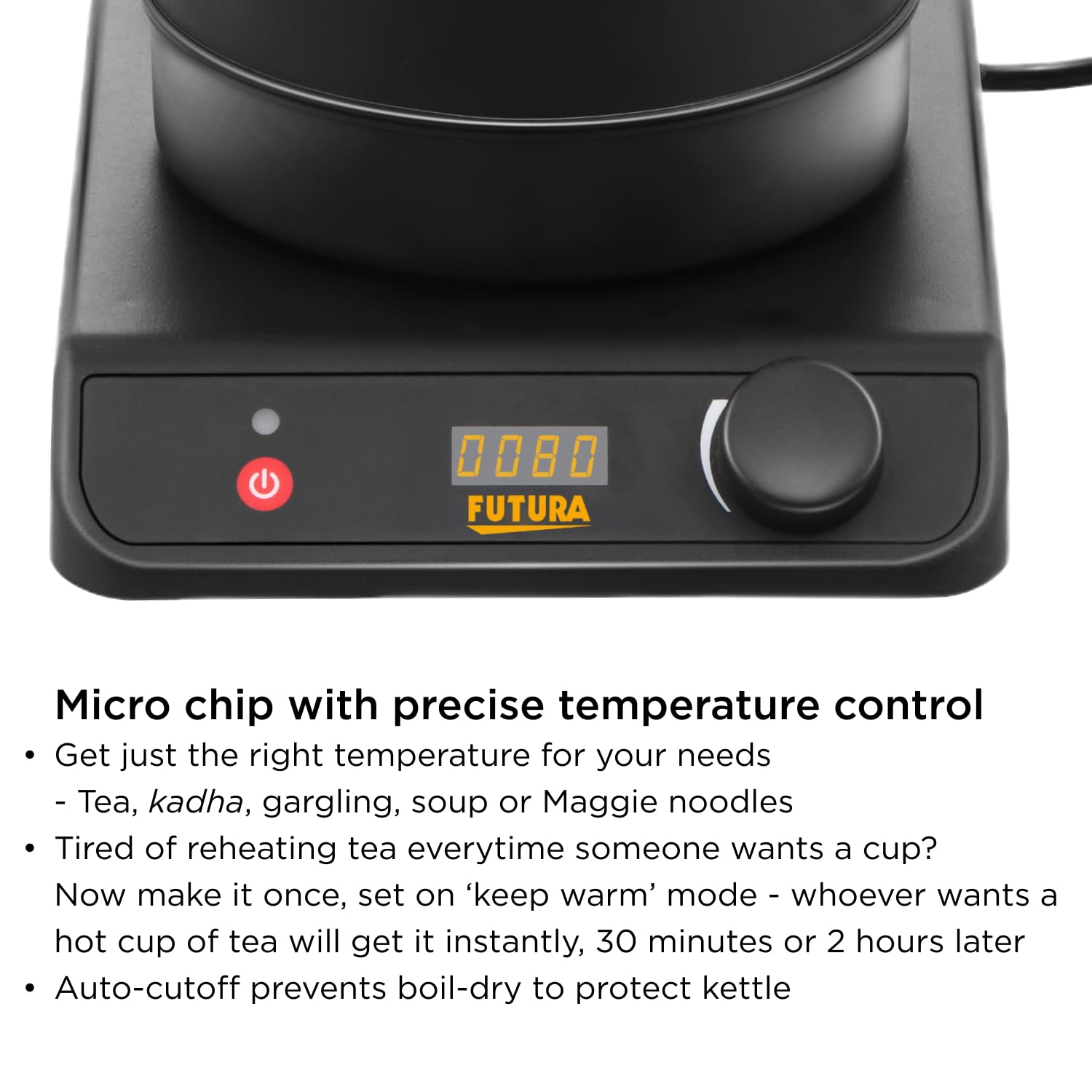 Hawkins Stainless Steel Futura 1.4 Litre Electronic Smart Kettle with Micro-Chip, Electric Hot Water Kettle for Tea, Coffee, Soup, Gargling, Black (FKTA1), 1200 Watts