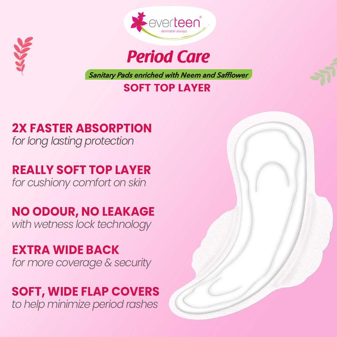 everteen sanitary pads XL 40 for Women, Enriched with Neem and Safflower, Rash Free Period Pads For Medium Flow, Locks Odour & Wetness - 3 Packs (40 Pads Each)