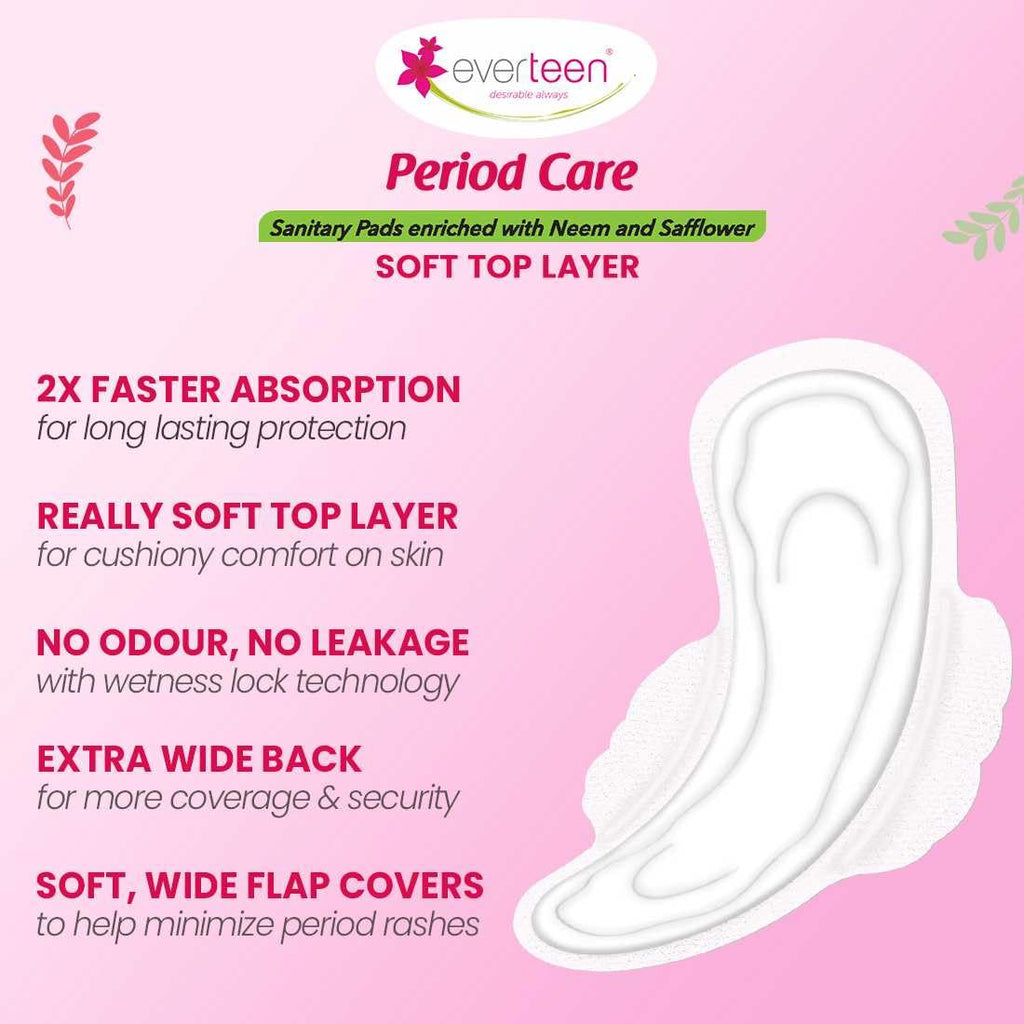 everteen sanitary pads XL 40 for Women, Enriched with Neem and Safflower, Rash Free Period Pads For Medium Flow, Locks Odour & Wetness - 2 Packs (40 Pads Each)